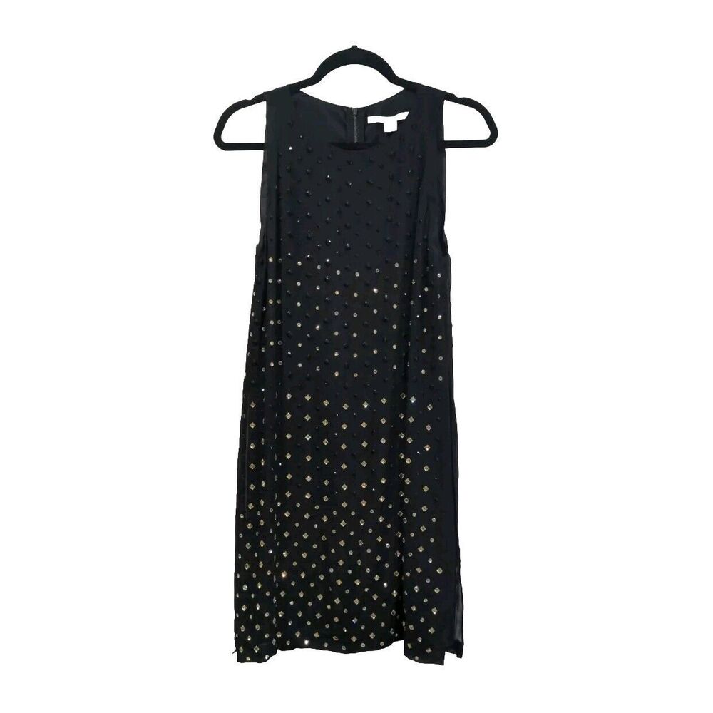 Diane Von Furstenberg Womens Ella Jeweled Silk Cocktail Dress Size 6 Black Gold